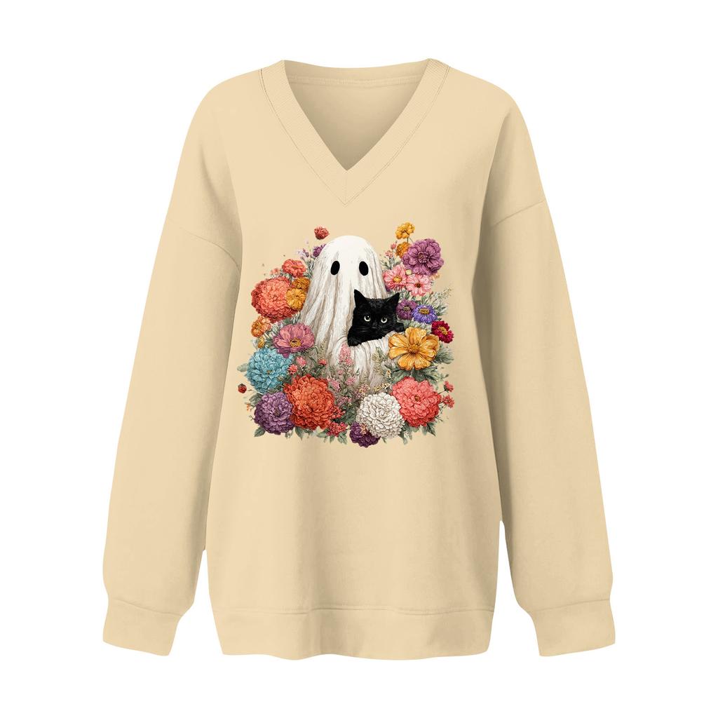 Women's V-neck Dropped Shoulder Halloween Print Sports Sweatshirt Top
