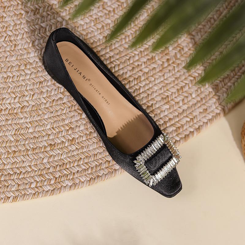 Classic Rhinestone Square Buckle Thick Heel Single Shoes Women's Satin Silk Low Heel Flats Temperament Sheepskin