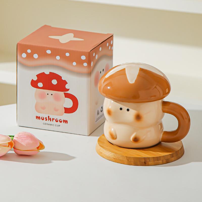 Girl's heart cartoon cute mushroom ceramic cup with lid souvenir high value creative ceramic mug coffee cup