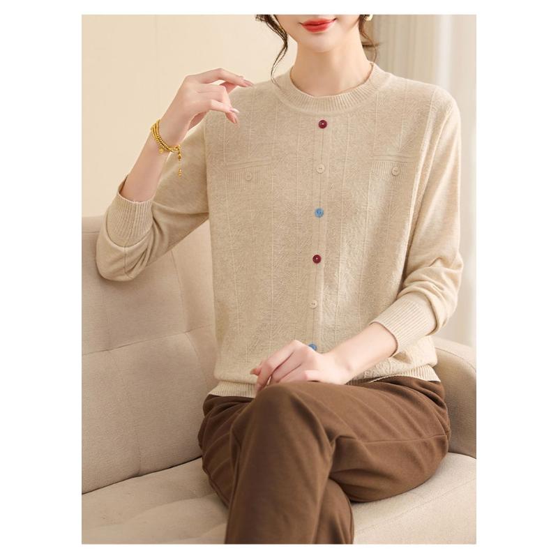 Modischer Langarmpullover Pendler Rundhals Unterhemd Knopf Faden Oberteil für Damen