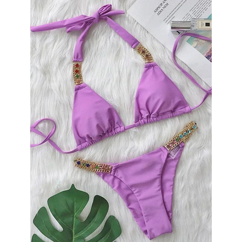 

2025 Блискуче стразове діамантове бікіні Жіночий купальник Жіночий купальний костюм Комплект бікіні з двох частин Халтер Металеві ланцюжки Купальний костюм L