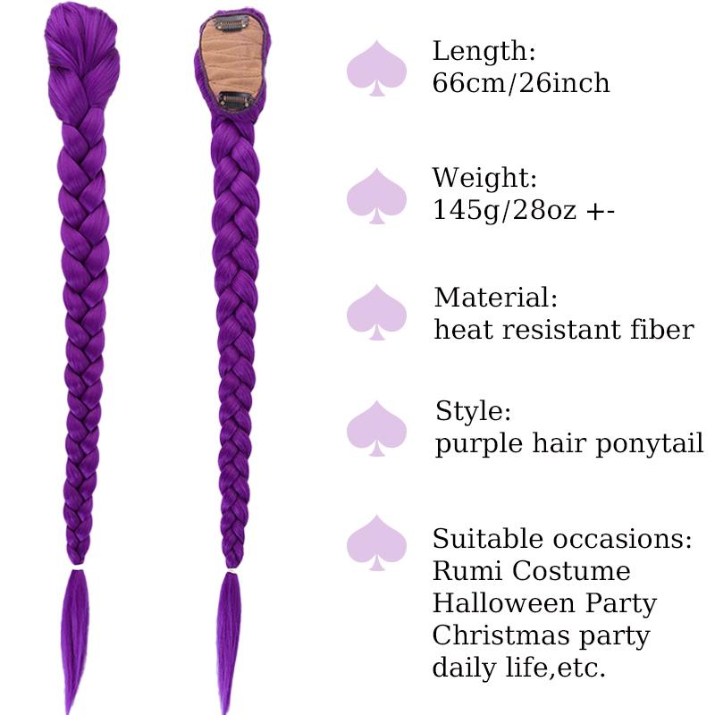 Synthetischer geflochtener lila Haarpferdeschwanz Kinderkostüm Frisur 26 Zoll langer Pferdeschwanz mit Clips für Kinder Mädchen Halloween Weihnachten