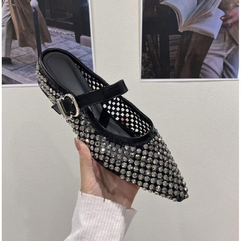Retro pointed metal buckle rhinestone bag head half slippers women wear fashionable cool slippers