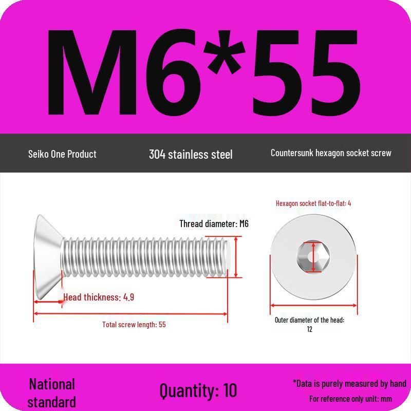 M2-M10 Stainless Steel Flat Head Machine Screws and Bolts Set, Countersunk Hex Socket Cap, 304 Grade.