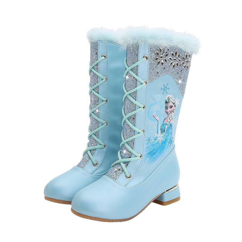 Fashion Autumn and Winter New Girls High-heeled Boots Princess Elsa Boots Children's High-heeled Velvet Knight Lace-up Boots