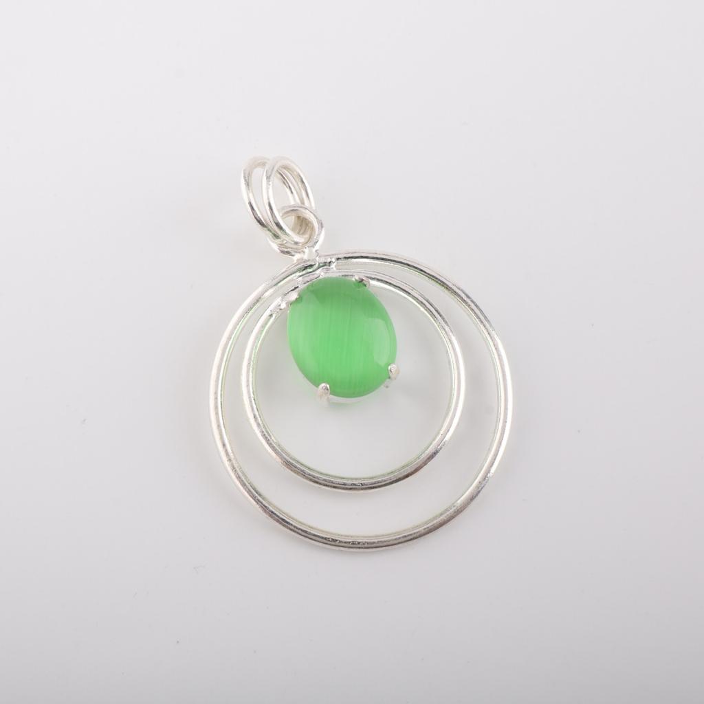 Rare Green Cat's Eye Gemstone 925 Sterling Silver Jewelry Handmade Pendant 1.65" PP-61-44