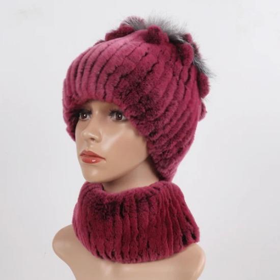 Knitted Women Warm Rex Rabbit Fur Hat Scarf Sets Winter Natural Rex Rabbit Fur Cap Scarves Russia Lady Fur Hats Muffler 2 Pieces