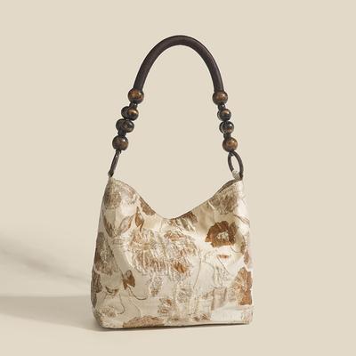 Bolsa de axila jacquard retrô, nova bolsa de ombro com corrente trançada de contas de madeira estilo chinês para mulheres