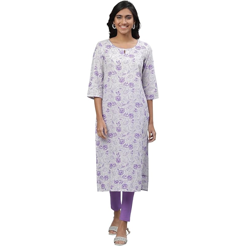 Aurelia White Floral Printed Printed Cotton Straight Long Kurta for Women