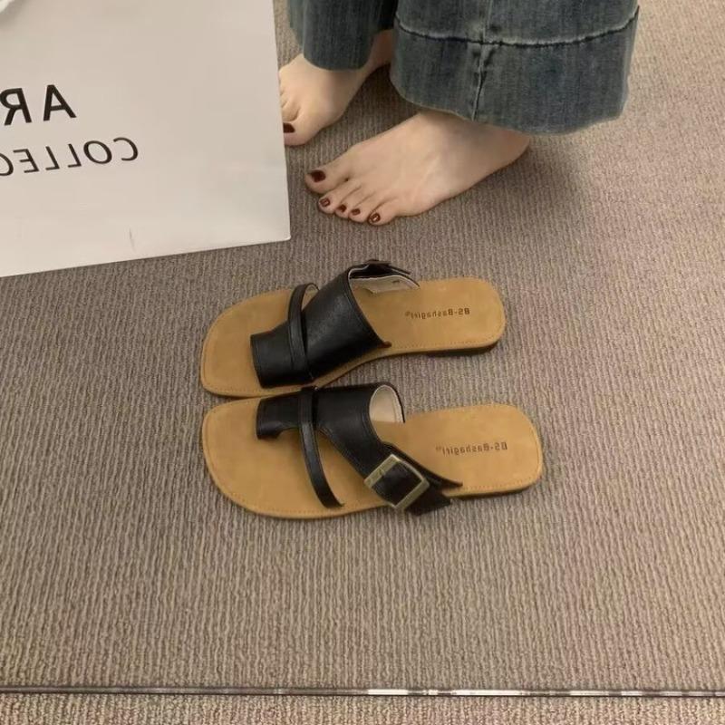 

Модные шлепанцы Новые летние корейские коричневые шлепанцы с отведением пальцев Плоская обувь Винтажные простые кожаные женские для ходьбы на улице Пляжные сандалии 35