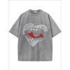 Men's Vintage-Inspired Washed Gray T-Shirt with Red Heart Graphic  100% Cotton, Short Sleeve, Round Neck, Comfort Fit