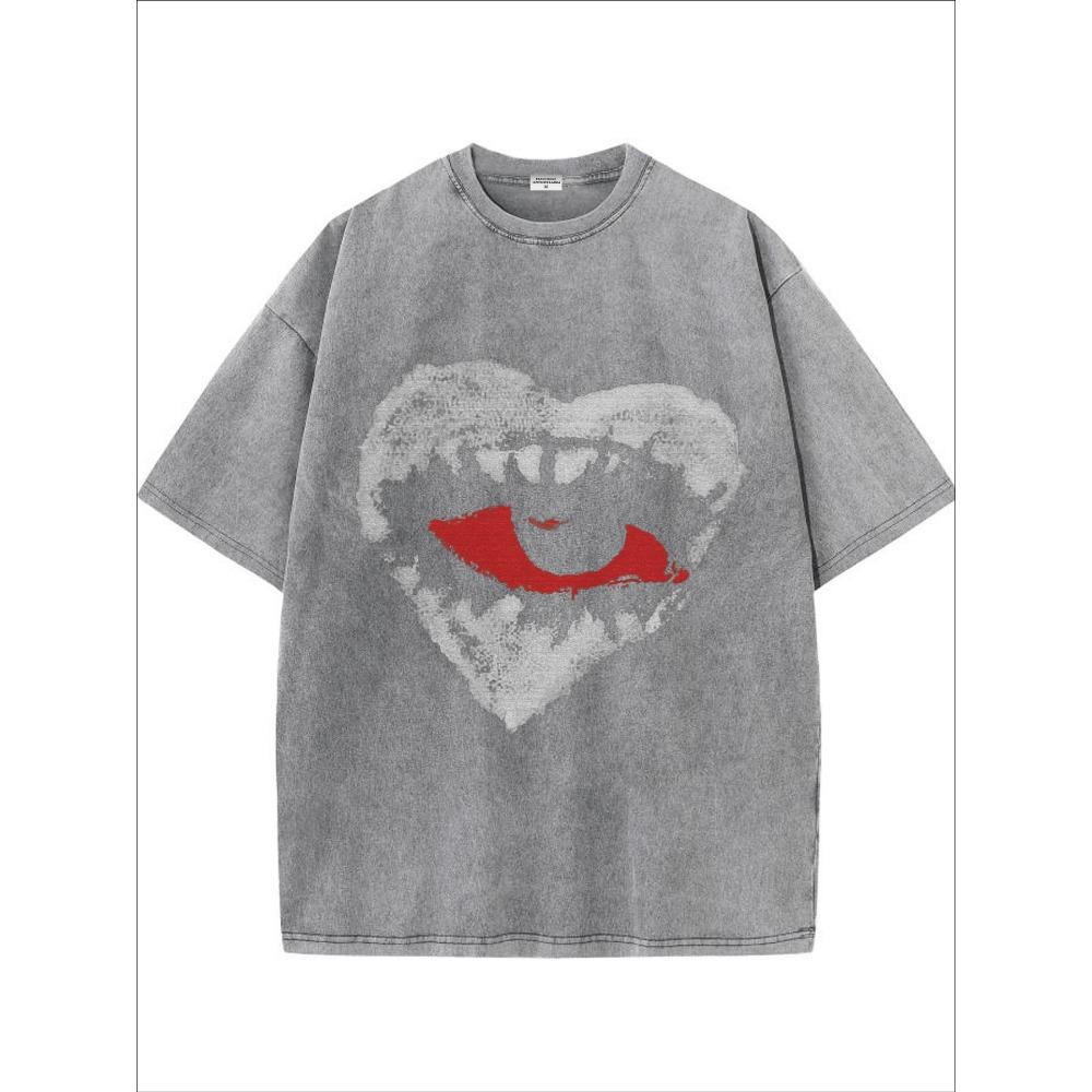 Men's Vintage-Inspired Washed Gray T-Shirt with Red Heart Graphic  100% Cotton, Short Sleeve, Round Neck, Comfort Fit