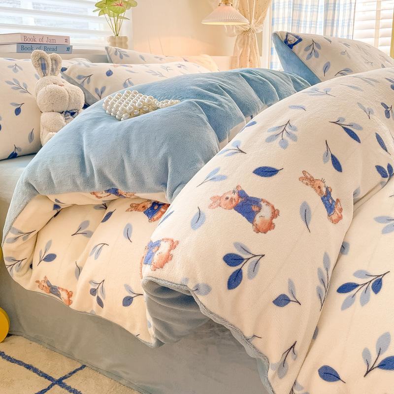 Thickened Milk Fleece Four-Piece Warm Coral Fleece Bed Sheet Quilt Cover Fleece Bedding Flannel