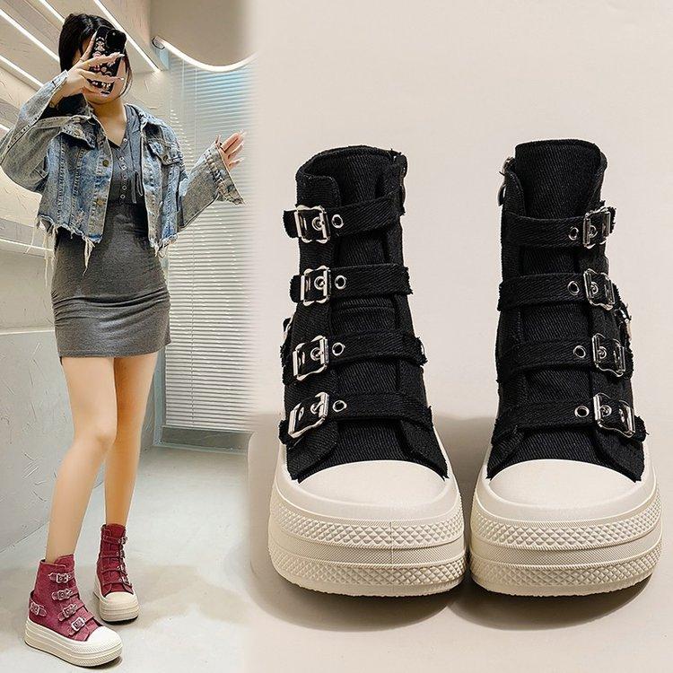 Women's High Canvas Shoe Design Buckle Strap Zip Simplicity Female Shoes Street Grace Waling Shoes