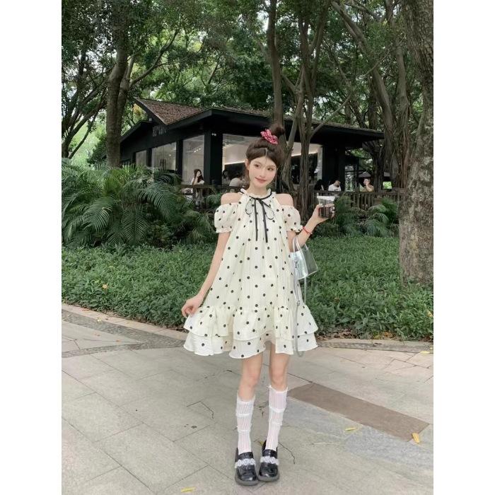

French sweet off-the-shoulder polka dot dress women s summer new small temperament fluffy short skirt doll skirt S