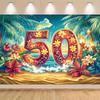 Bannière de Fête Tropicale sur la Plage pour le 50e Anniversaire d'Hawaï - Fleurs d'Hibiscus Vibrantes et Fond de Palmiers