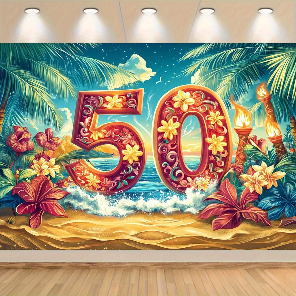 Bannière de Fête Tropicale sur la Plage pour le 50e Anniversaire d'Hawaï - Fleurs d'Hibiscus Vibrantes et Fond de Palmiers