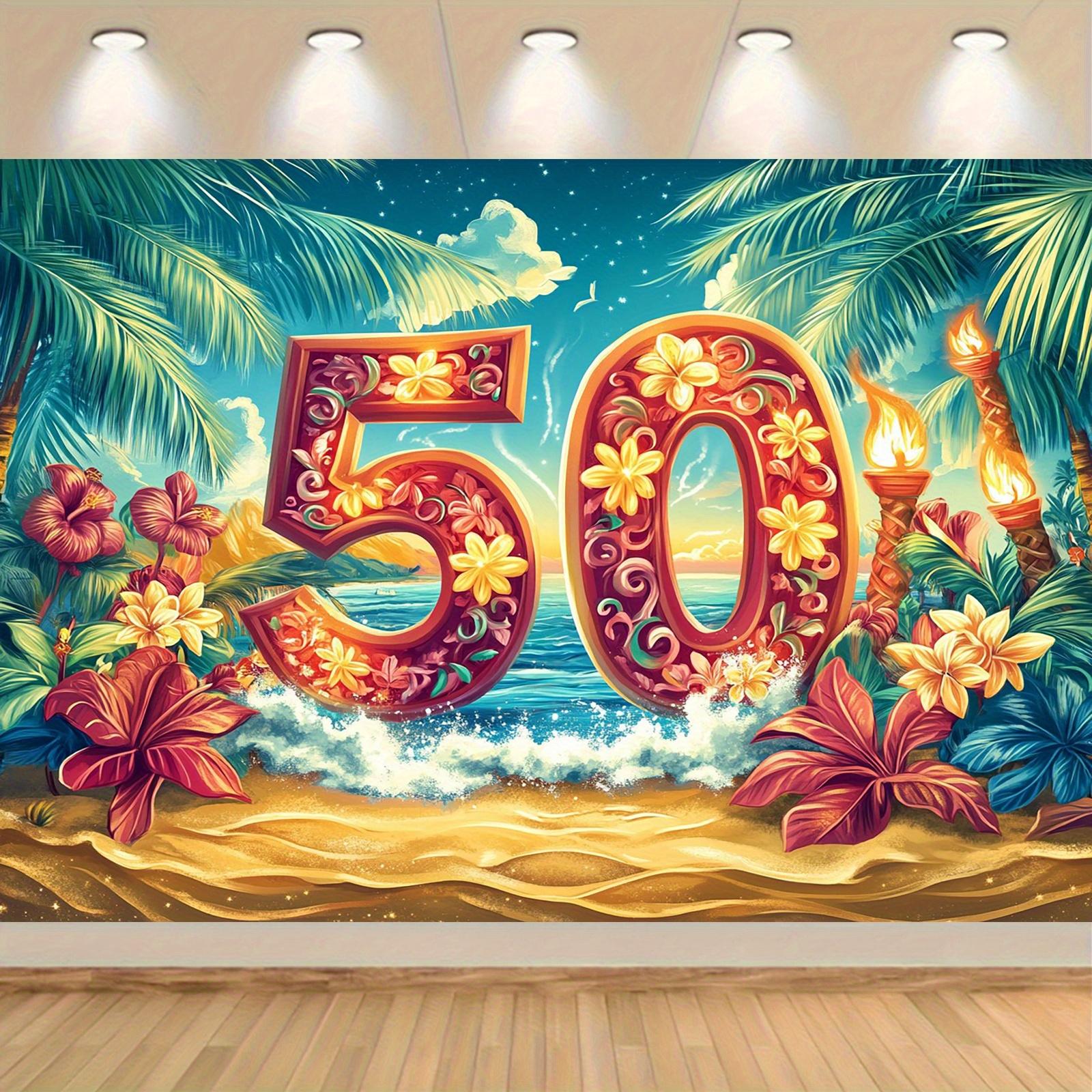 Hawaii 50th Anniversary Tropical Beach Party Banner - Vibrant Hibiscus Flowers and Palm Tree Background 100x150cm