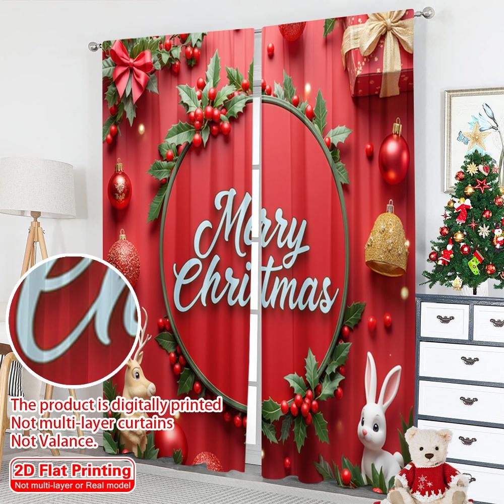 2pcs 2D Flat Printing Christmas Drapes Merry Christmas Holiday Scene 100% Polyester Fabric Without Electricity 0 Use for