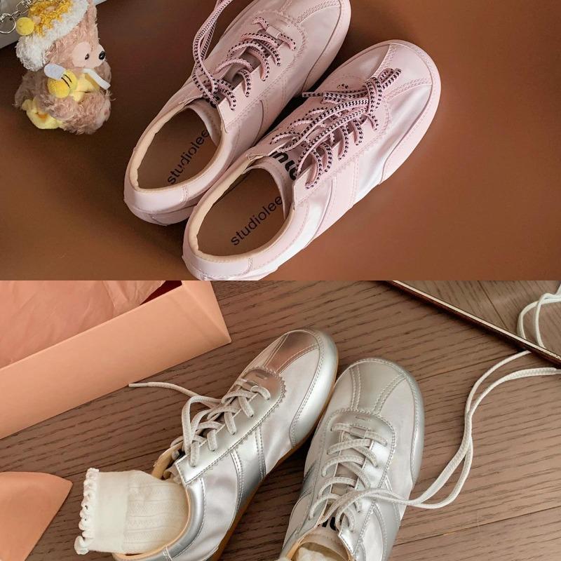 Cowhide version~ Shoes contrasting color shoelaces soft sole soft surface versatile round head casual sports shoes women