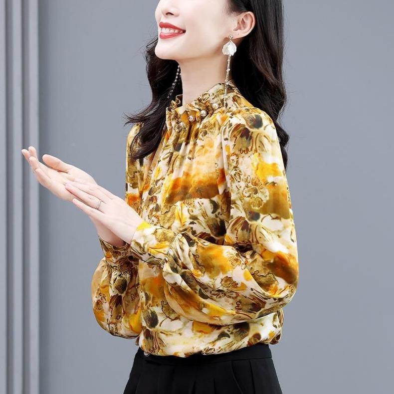 Elegant Simulation Silk Loose Shirt Women's Spring Fashion  Print Loose Blouse