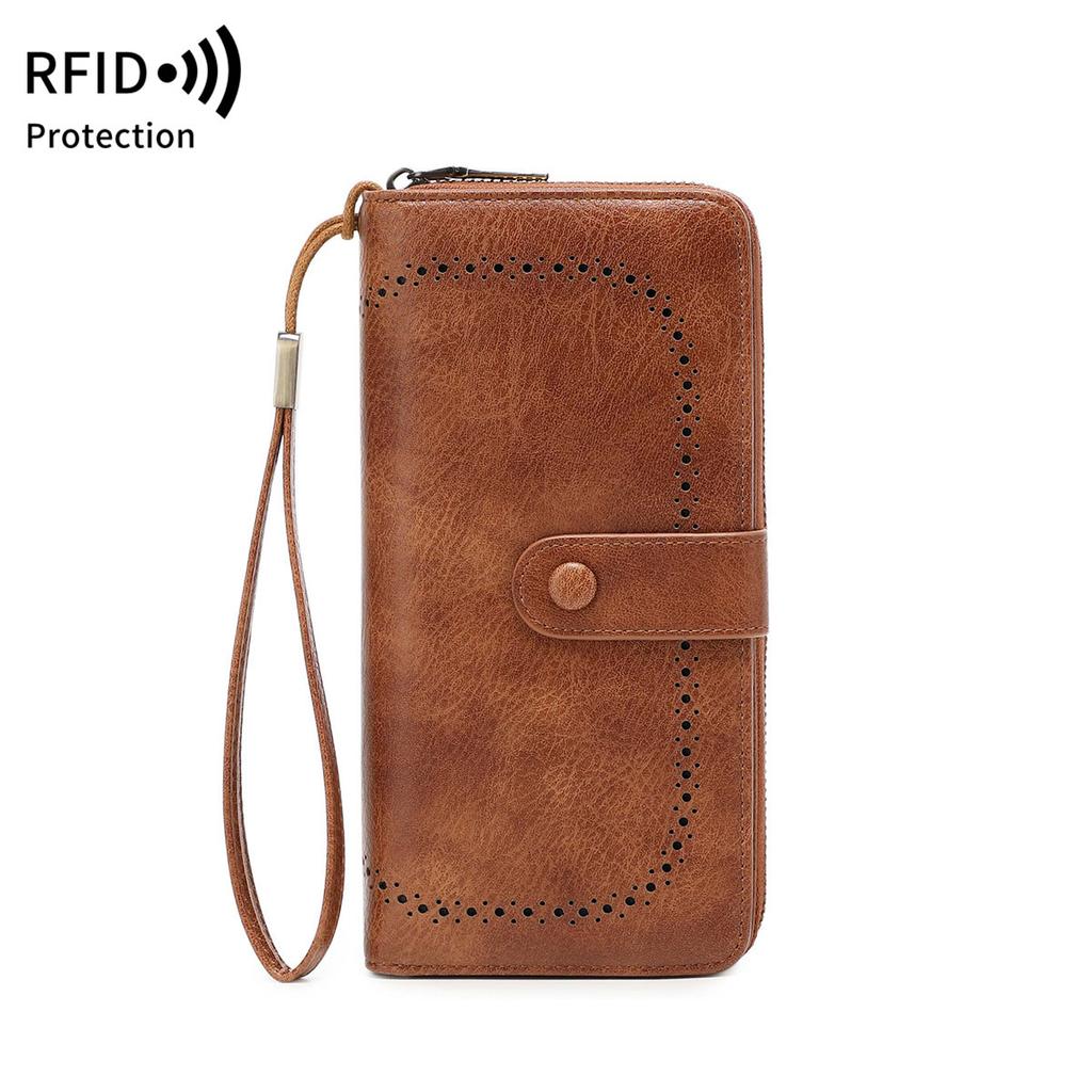 Multifunctional Women's Wallet Retro Oil Wax Leather Long Wallet Simple Large Capacity Card Bag