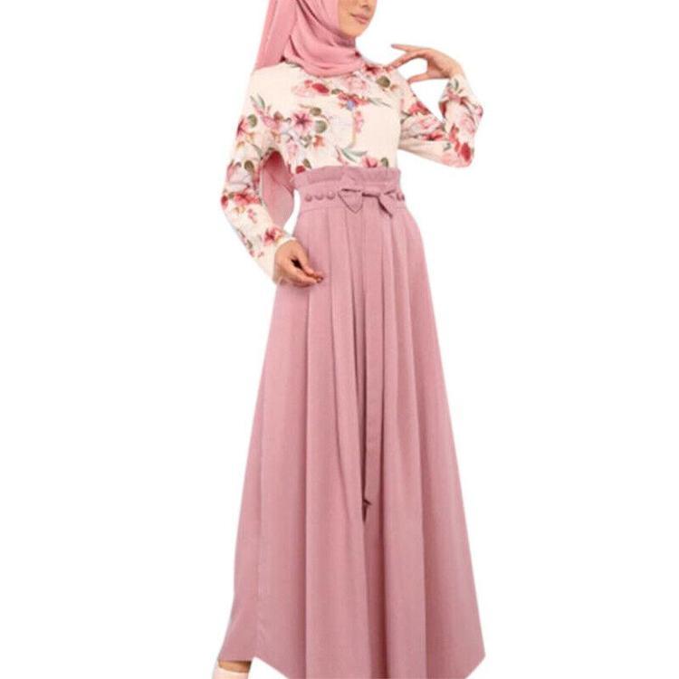 BAOHOKE Muslim Elegant Floral Printed Long Sleeve Pleated Maxi Dresses,Womens High Waist Spring Big Swing Dress BAOHOKE Muslim Elegant Floral Printed Long Sleeve Pleated Maxi Dresses,Womens High Waist Spring Big Swing Dress