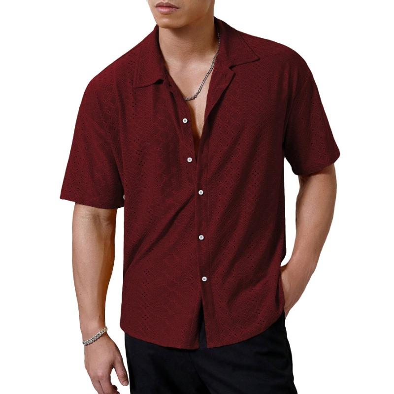 Men's White Eyelet Textured Short Sleeve Shirt, Casual Camp Collar Button Down Summer Top