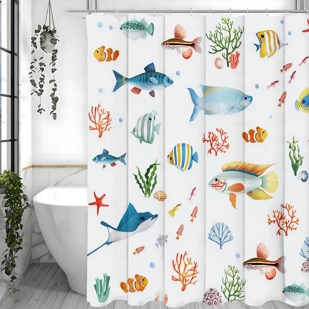 Tropická ryba Korálový sprchový závěs, Koupelnový dekorativní sprchový závěs, Vodotěsný sprchový závěs s háčky