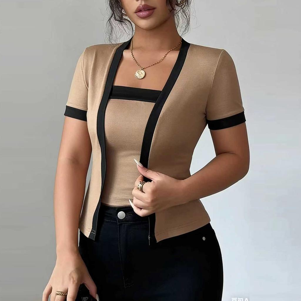 New Fashionable Women's Two-piece Color-Blocked Short-Sleeved Knit Cardigan Top