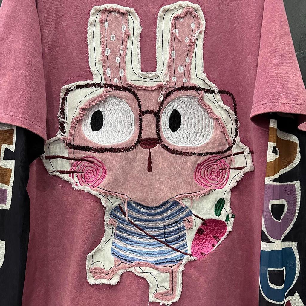 Plus Size Sweet Embroidered Rabbit Long Sleeve Two-Piece T-Shirt