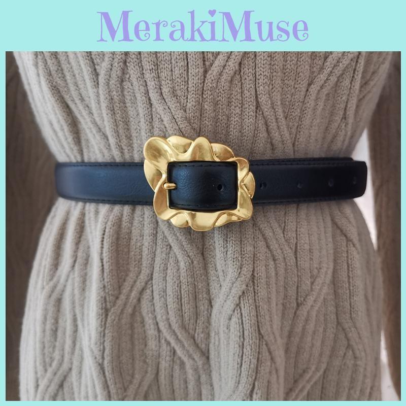 Leather Belt Women With Flowers Shaped Metal Buckle For Daily Casual Use Office