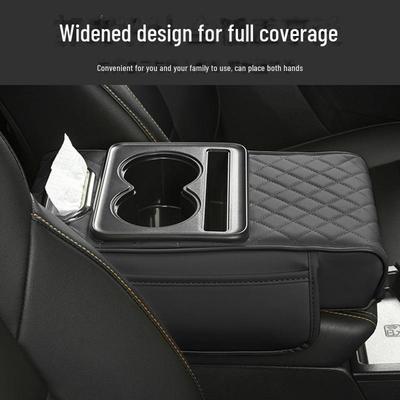 Car Center Console Armrest Pad with Storage, Cup Holder, and Tissue Box.