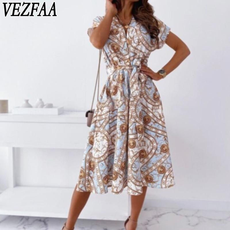 

VEZFAA Женская мода лето весна цвет блок принт короткий рукав V-образный вырез средняя талия повседневные платья S чёрный