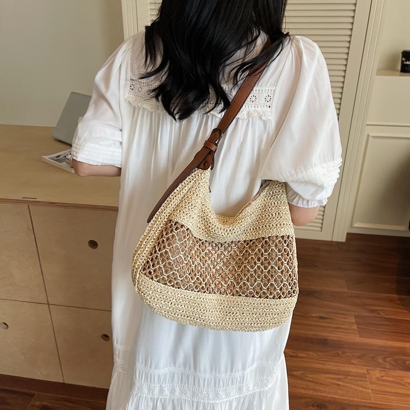 Crochet Mesh Shoulder Bag Women Summer Beach Tote With Leather Strap Natural Style Design