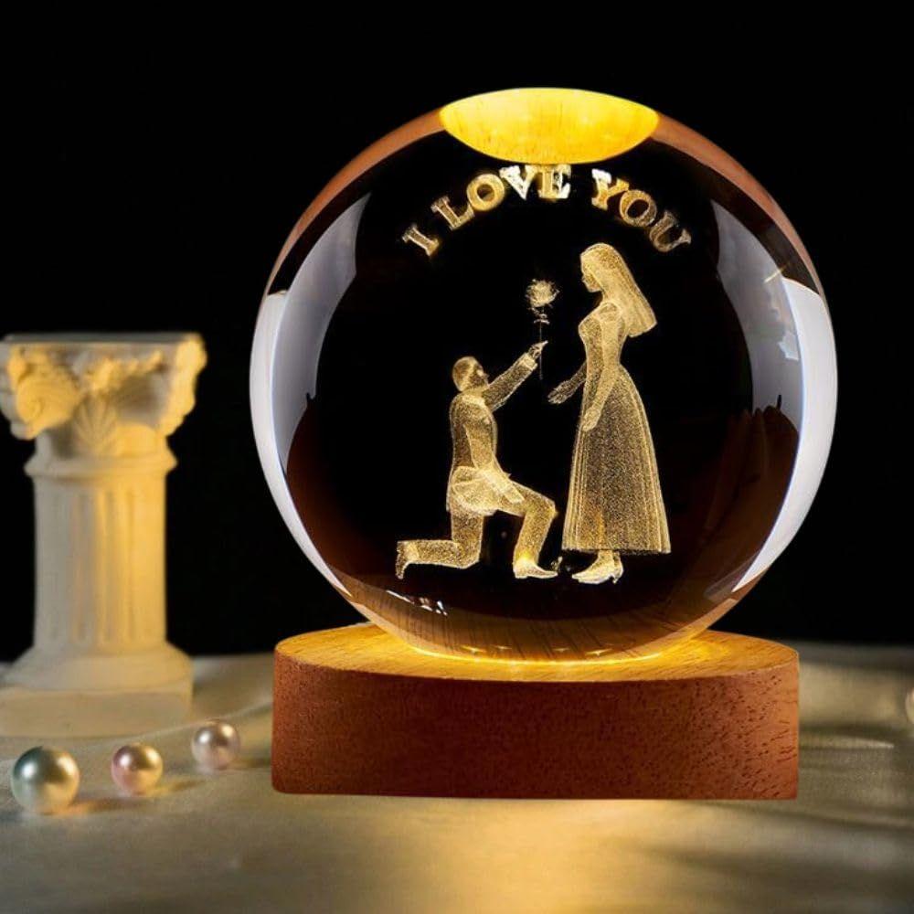 Kristall Ich Liebe Dich Lampe für Paare Gravierte Kristallkugel LED Nachtlicht mit Holzsockel - USB-betriebenes Glaskugel LED Nachtlicht