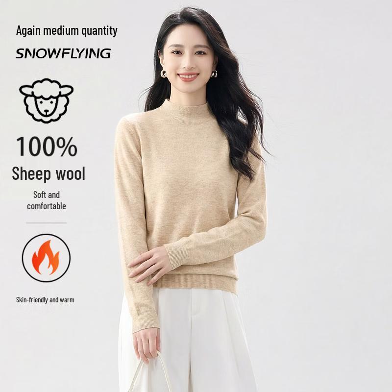 SNOWFLYING Women's Semi-High Neck 100% Pure Wool Pullover Sweater