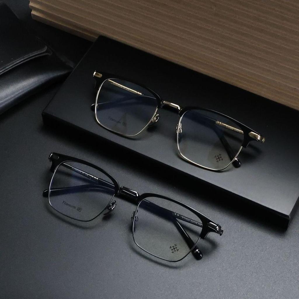 Men's PUNK Retro Titanium Eyebrow Half-Rim Glasses Frame, Large-Face Fit