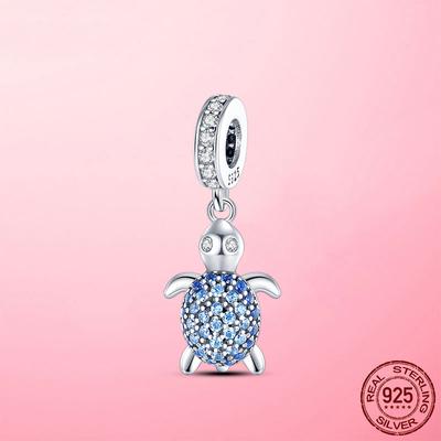 Summer New Sterling Silver 925 Blue CZ Sea Turtle Tortoise Charm Pendant Fit Charms Beads Brand Bracelet Original DIY Jewelry