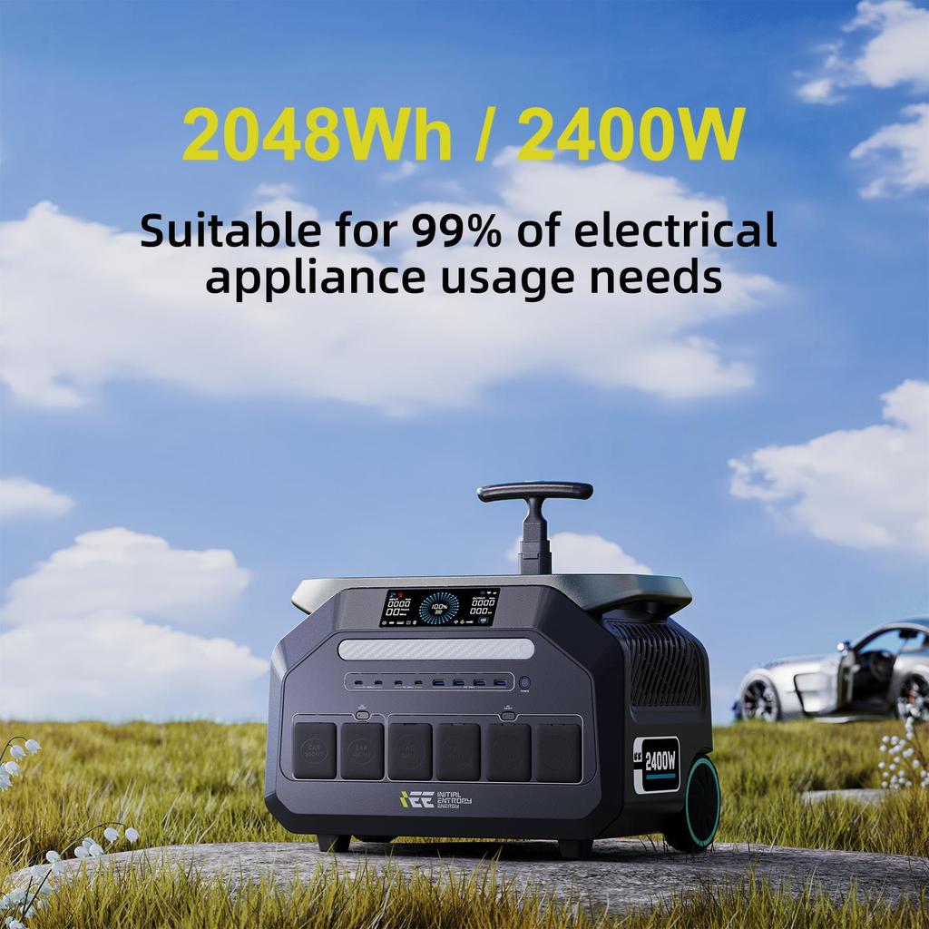 IEE P2400 2400W Portable Power Station, 2048Wh LiFePO4 Battery Solar Generator, 16 Output Ports, 1.2 Hours Fast Charging, App Control