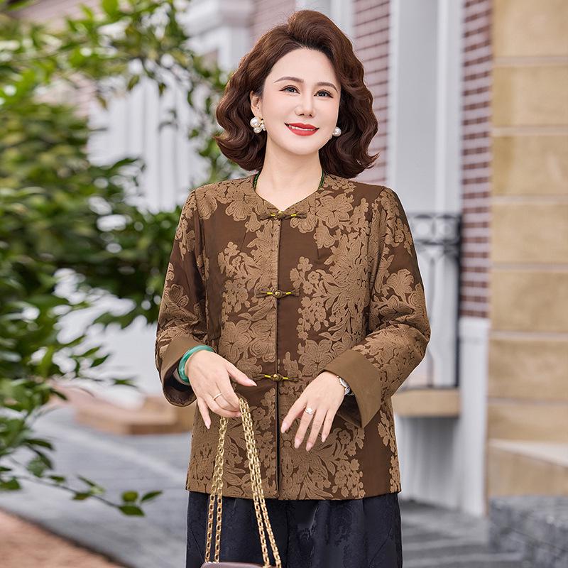 Elegant Ethnic Satin Jacquard Embroidered Frog Button Top 5XL (72.5-77.5kg) коричневый