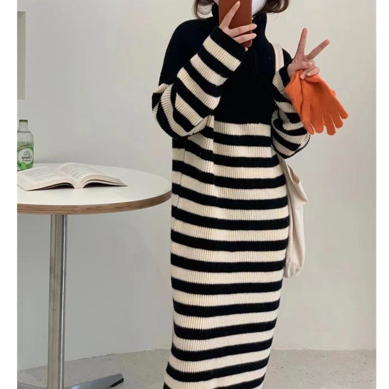 Striped sweater dress women's spring and autumn loose and thin medium and long sweater skirt temperament knitted bottoming skirt