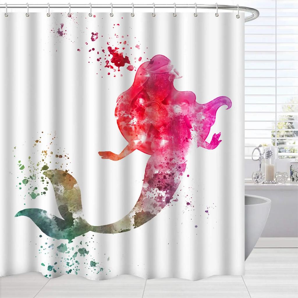 Mermaid Shower Curtain Tail Fish Girls Kids Cartoon Ocean Heart Colorful Purple Hair Seaweed Bath Decor with Hooks Waterproof