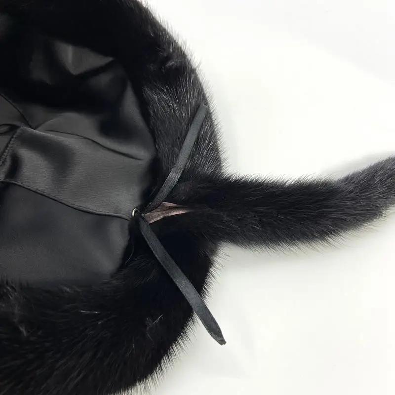 Warm Winter Real Snow Mink Fur Hat with Tail Russian Women Soviet Cap Penguine Hat Luxury Women's Winter Natural Fur Hat 2022