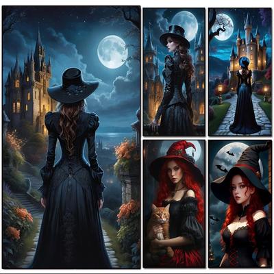 Großes Mosaik Frau Neu 2024 DIY Volldiamant-Malerei-Set Kunst Hexe Schloss Mond Katze Stickerei Kreuzstich Strass