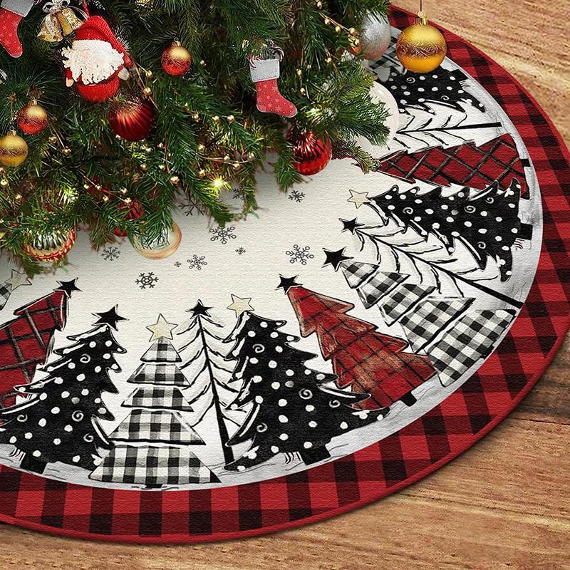 WTEMPO Christmas Tree Skirt Red/Black Christmas Tree/Plaid Patterns Printed Xmas Tree Skirt Winter Christmas Tree Mat for Home Indoor Outdoor Party