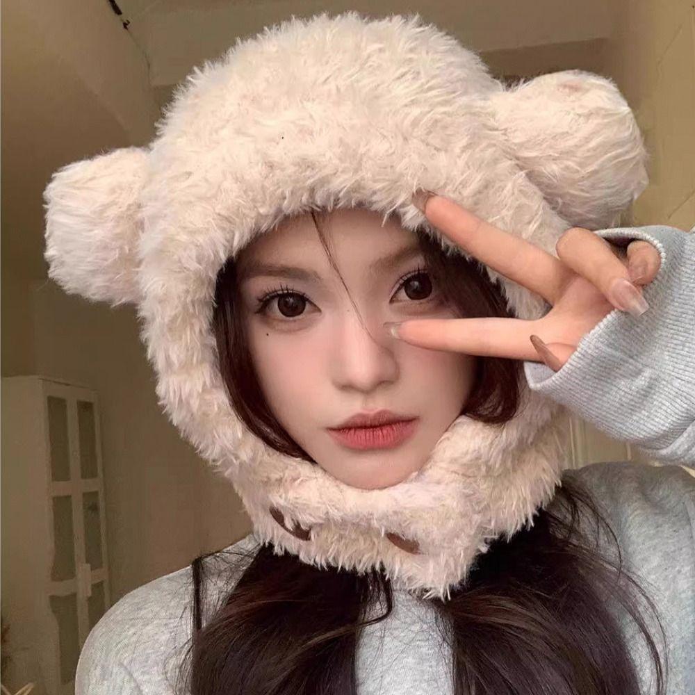 Ear Protection Hat Bear Ears Hat Winter Cap Winter Plush Hat Personality Bib Hat  Winter/Autumn