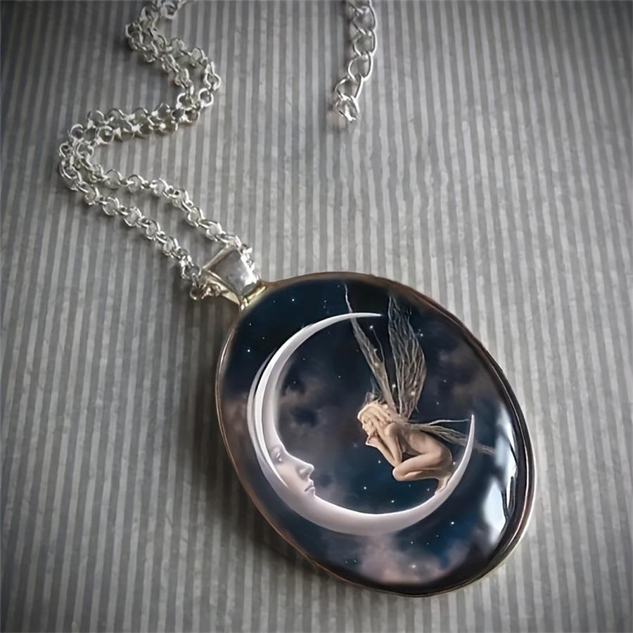 Moon Goddess Painted Oval Pendant Necklace, Unisex Alloy Jewelry (Pendant 4.5*3cm, Chain 50cm)