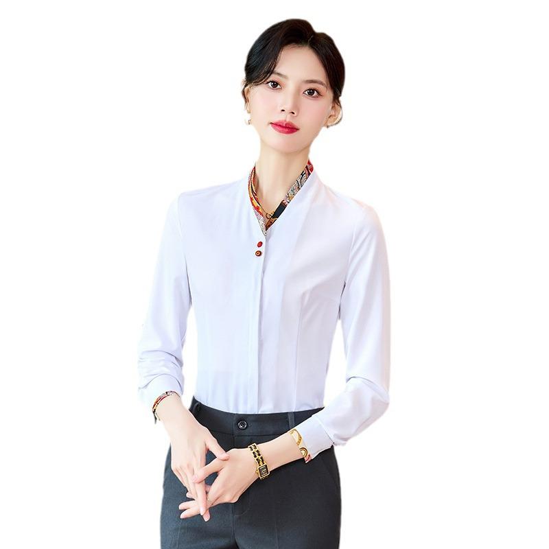 High-End Women's White Long Sleeve Shirt 2024 - Spring/Autumn Hotel Reception & Catering Uniform