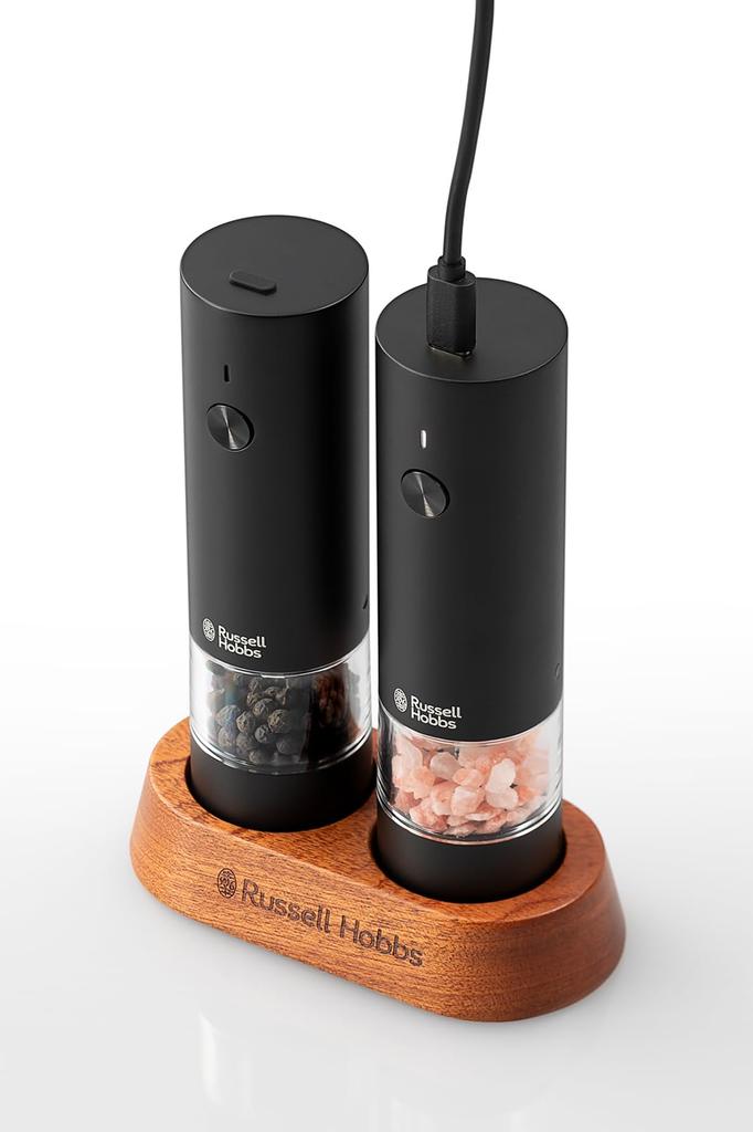 Russell Hobbs Electric Salt & Pepper Mill, Rechargeable, for Rock Salt, Pepper, and Spices, Adjustable Coarseness, Mini, Set of 2, Black, 7942JP-BK